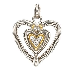 EUC Judith Ripka JR TWO Sterling Silver 18K Gold Diamond Heart Pendant Enhancer